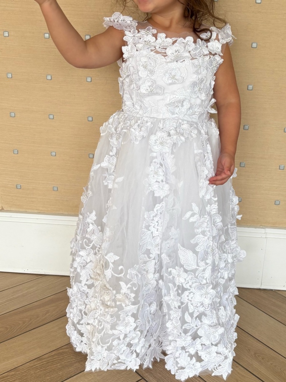 Flower Girl White Floral Applique Girls' Party bridal formal dress